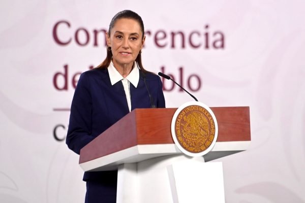 MEXICO CITY, MEXICO - MARCH 23: President of Mexico Claudia Sheinbaum speaks during the daily morning briefing at Palacio Nacional on March 23, 2026 in Mexico City, Mexico. (Photo by Jeannette Flores/ObturadorMX/Getty Images)